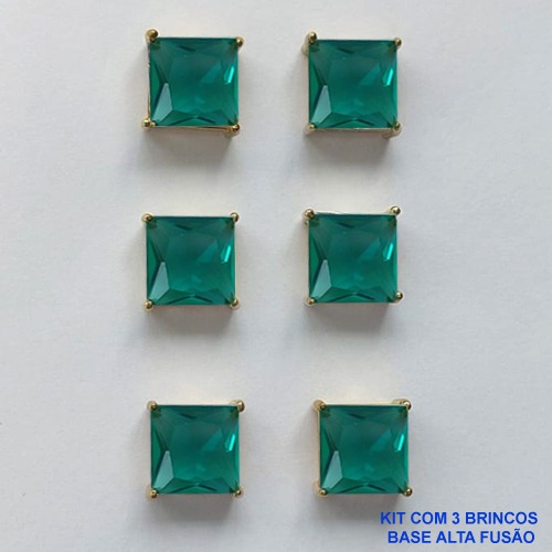 BRINCO NO BRUTO PRONTO PARA O BANHO - KIT COM 3 BRINCOS DE PINO COM BASE EM ALTA FUSÃO COM ZIRCÔNIA VERDE QUADRADA 10X10MM - PESO TOTAL 14,2GR - BRU15995