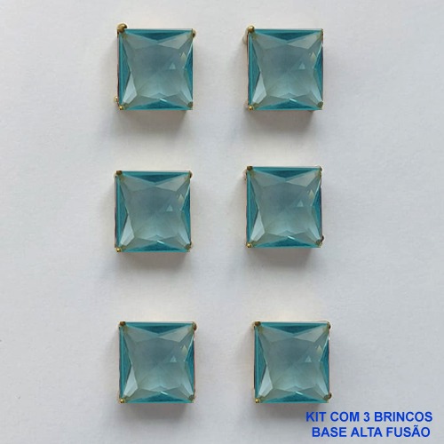 BRINCO NO BRUTO PRONTO PARA O BANHO - KIT COM 3 BRINCOS DE PINO COM BASE EM ALTA FUSÃO COM ZIRCÔNIA AZUL CLARA QUADRADA 10X10MM - PESO TOTAL 14,2GR - BRU15997