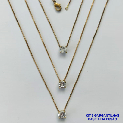GARGANTILHA NO BRUTO PRONTA PARA O BANHO - KIT COM 3 GARGANTILHAS COM CORRENTES VENEZIANAS 45CM COM BASES EM LATÃO E PINGENTE EM ZIRCÔNIA PONTO DE LUZ CRISTAL REDONDA 6X6CM - PESO TOTAL 7,2GR - BRU15998