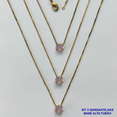 GARGANTILHA NO BRUTO PRONTA PARA O BANHO - KIT COM 3 GARGANTILHAS COM CORRENTES VENEZIANAS 45CM COM BASES EM LATÃO E PINGENTE EM ZIRCÔNIA PONTO DE LUZ ROSA REDONDA 6X6CM - PESO TOTAL 7,2GR - BRU15999