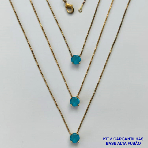GARGANTILHA NO BRUTO PRONTA PARA O BANHO - KIT COM 3 GARGANTILHAS COM CORRENTES VENEZIANAS 45CM COM BASES EM LATÃO E PINGENTE EM ZIRCÔNIA PONTO DE LUZ AZUL REDONDA 6X6CM - PESO TOTAL 7,2GR - BRU16000