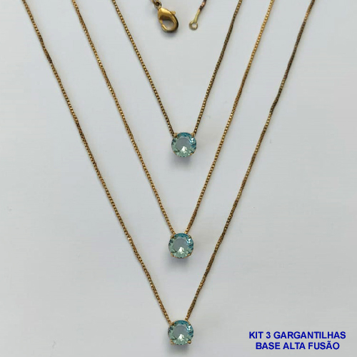 GARGANTILHA NO BRUTO PRONTA PARA O BANHO - KIT COM 3 GARGANTILHAS COM CORRENTES VENEZIANAS 45CM COM BASES EM LATÃO E PINGENTE EM ZIRCÔNIA PONTO DE LUZ AZUL CLARA REDONDA 6X6CM - PESO TOTAL 7,2GR - BRU16003