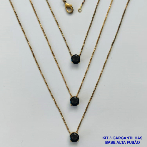 GARGANTILHA NO BRUTO PRONTA PARA O BANHO - KIT COM 3 GARGANTILHAS COM CORRENTES VENEZIANAS 45CM COM BASES EM LATÃO E PINGENTE EM ZIRCÔNIA PONTO DE LUZ PRETA REDONDA 6X6CM - PESO TOTAL 7,2GR - BRU16007