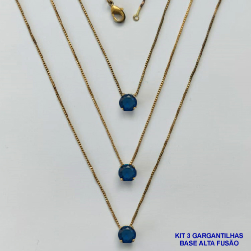 GARGANTILHA NO BRUTO PRONTA PARA O BANHO - KIT COM 3 GARGANTILHAS COM CORRENTES VENEZIANAS 45CM COM BASES EM LATÃO E PINGENTE EM ZIRCÔNIA PONTO DE LUZ AZUL ESCURA REDONDA 6X6CM - PESO TOTAL 7,2GR - BRU16008