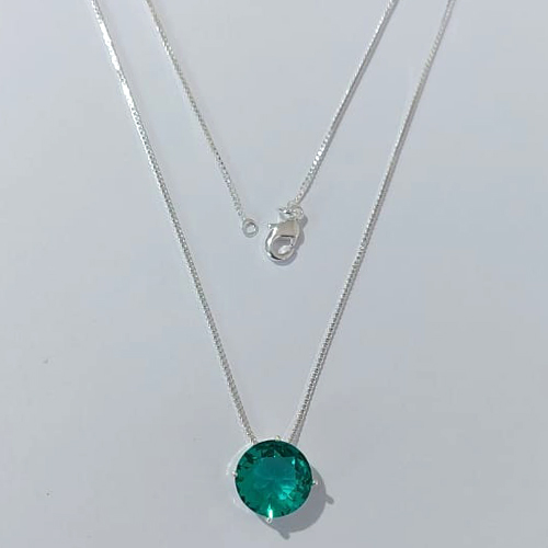 GARGANTILHA FOLHEADA A PRATA COM 50 MILÉSIMOS + VERNIZ DIAMOND - GARGANTILHA CORRENTE VENEZIANA 45CM COM PEDRA REDONDA VERDE 11MM -PRA572