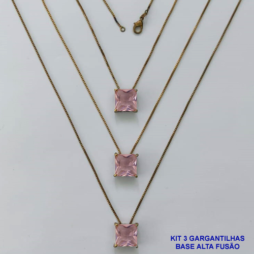GARGANTILHA NO BRUTO PRONTA PARA O BANHO - KIT COM 3 GARGANTILHAS COM CORRENTES VENEZIANA 45CM E PINGENTES COM BASES EM ALTA FUSÃO E ZIRCÔNIA QUADRADA ROSA 10X10MM - PESO TOTAL 8,7GR - BRU16018