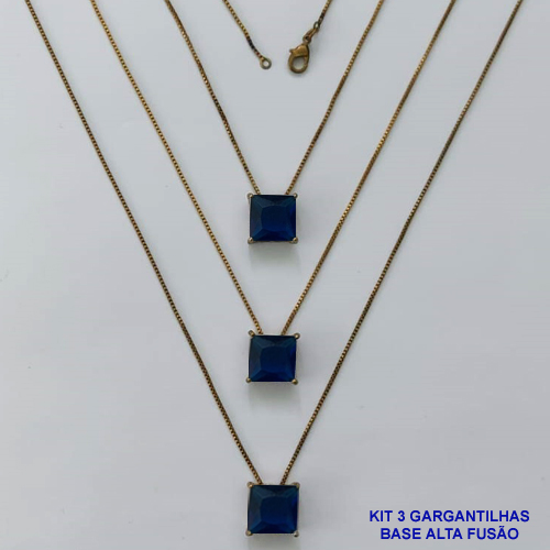 GARGANTILHA NO BRUTO PRONTA PARA O BANHO - KIT COM 3 GARGANTILHAS COM CORRENTES VENEZIANA 45CM E PINGENTES COM BASES EM ALTA FUSÃO E ZIRCÔNIA QUADRADA AZUL ESCURA 10X10MM - PESO TOTAL 8,7GR - BRU16019