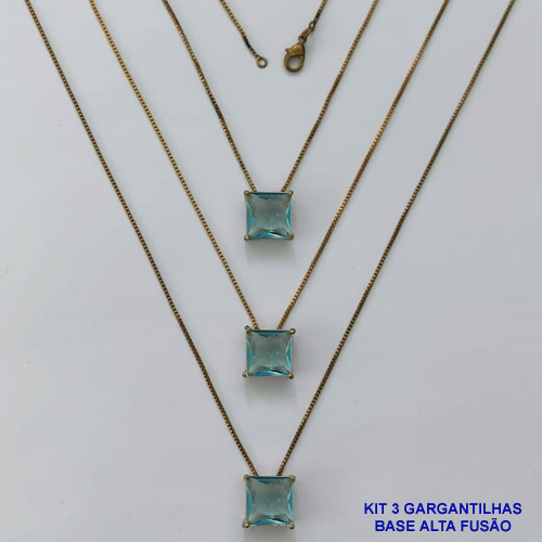 GARGANTILHA NO BRUTO PRONTA PARA O BANHO - KIT COM 3 GARGANTILHAS COM CORRENTES VENEZIANA 45CM E PINGENTES COM BASES EM ALTA FUSÃO E ZIRCÔNIA QUADRADA AZUL CLARA 10X10MM - PESO TOTAL 8,7GR - BRU16020