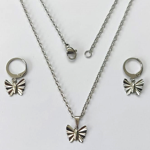 CONJUNTO EM AÇO INOXIDÁVEL - CONJUNTO COM CORRENTE 45CM (AÇO03C) (CX.109) BRINCO ARGOLINHA DE PRESSÃO E PINGENTE BORBOLETA 11MM - COMPOSIÇÃO: AÇO INOXIDÁVEL - AÇO2182