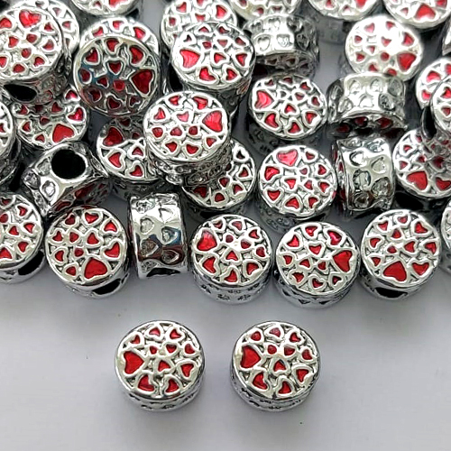 BERLOQUE PARA PULSEIRAS TIPO PANDORA - REDONDO COM CORAÇÕES VERMELHOS 10MM (VENDIDO POR UNIDADE) - BIJU00014