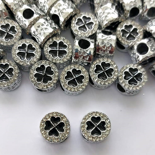 BERLOQUE PARA PULSEIRAS TIPO PANDORA - REDONDO COM BRILHOS E TREVO PRETO 10MM (VENDIDO POR UNIDADE) - BIJU00019