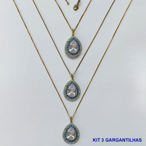 GARGANTILHA NO BRUTO PRONTA PARA O BANHO(CX139) - (AD) KIT COM 3 CORRENTES VENEZIANAS 45CM E PINGENTES COM BASES CRAVEJADAS AZUIS CLARAS E CRISTAIS E ZIRCÔNIA CRISTAL 10X14MM - PESO TOTAL 16,5GR - BRU16072