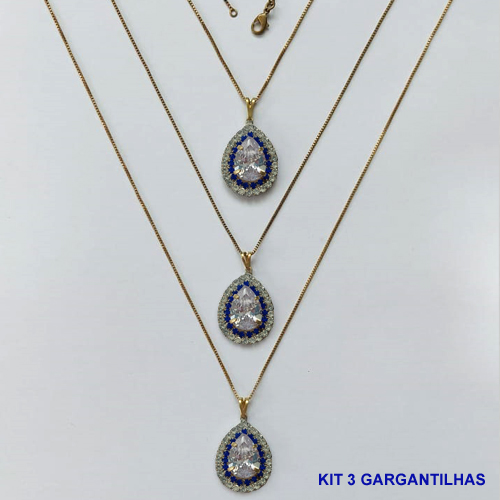 GARGANTILHA NO BRUTO PRONTA PARA O BANHO(CX139) - (AD) KIT COM 3 CORRENTES VENEZIANAS 45CM E PINGENTES COM BASES CRAVEJADAS AZUIS ESCUROS E CRISTAIS E ZIRCÔNIA CRISTAL 10X14MM - PESO TOTAL 16,5GR - BRU16073