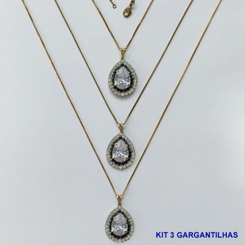 GARGANTILHA NO BRUTO PRONTA PARA O BANHO(CX139) - (AD) KIT COM 3 CORRENTES VENEZIANAS 45CM E PINGENTES COM BASES CRAVEJADAS PRETAS E CRISTAIS E ZIRCÔNIA CRISTAL 10X14MM - PESO TOTAL 16,5GR - BRU16074