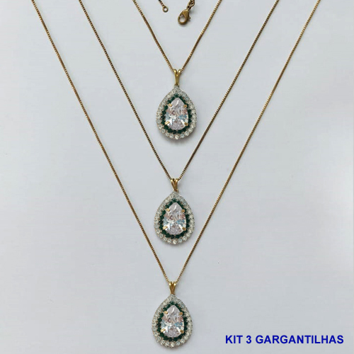 GARGANTILHA NO BRUTO PRONTA PARA O BANHO(CX139) - (AD) KIT COM 3 CORRENTES VENEZIANAS 45CM E PINGENTES COM BASES CRAVEJADAS VERDES E CRISTAIS E ZIRCÔNIA CRISTAL 10X14MM - PESO TOTAL 16,5GR - BRU16076