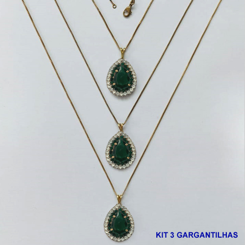 GARGANTILHA NO BRUTO PRONTA PARA O BANHO(CX139) - (AD) KIT COM 3 CORRENTES VENEZIANAS 45CM E PINGENTES COM BASES CRAVEJADAS VERDES E CRISTAIS E ZIRCÔNIA VERDE 10X14MM - PESO TOTAL 16,5GR - BRU16077