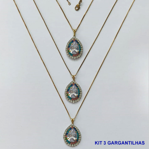 GARGANTILHA NO BRUTO PRONTA PARA O BANHO(CX139) - (AD) KIT COM 3 CORRENTES VENEZIANAS 45CM E PINGENTES COM BASES CRAVEJADAS COLORIDAS E CRISTAIS E ZIRCÔNIA CRISTAL 10X14MM - PESO TOTAL 16,5GR - BRU16078