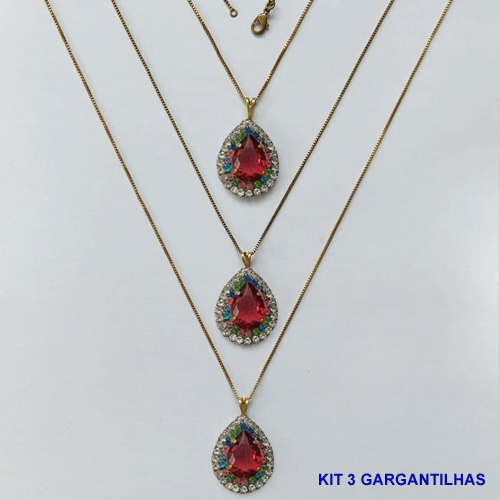 GARGANTILHA NO BRUTO PRONTA PARA O BANHO(CX139) - (AD) KIT COM 3 CORRENTES VENEZIANAS 45CM E PINGENTES COM BASES CRAVEJADAS COLORIDAS E CRISTAIS E ZIRCÔNIA ROSA 10X14MM - PESO TOTAL 16,5GR - BRU16079