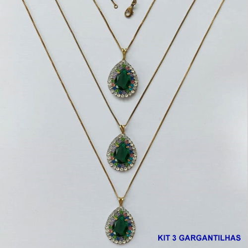 GARGANTILHA NO BRUTO PRONTA PARA O BANHO(CX139) - (AD) KIT COM 3 CORRENTES VENEZIANAS 45CM E PINGENTES COM BASES CRAVEJADAS COLORIDAS E CRISTAIS E ZIRCÔNIA VERDE 10X14MM - PESO TOTAL 16,5GR - BRU16080