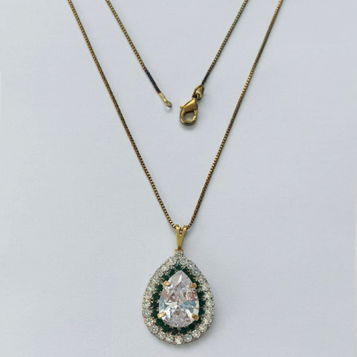 GARGANTILHA NO BRUTO PRONTA PARA O BANHO(CX139) - (AD) GARGANTILHA COM CORRENTE VENEZIANA 45CM E PINGENTES COM BASE CRAVEJADA VERDE E CRISTAL E ZIRCÔNIA CRISTAL 10X14MM - PESO TOTAL 4,8GR - BRU16082
