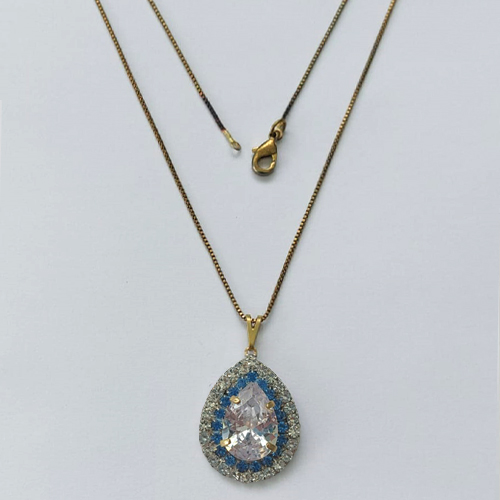 GARGANTILHA NO BRUTO PRONTA PARA O BANHO(CX139) - (AD) GARGANTILHA COM CORRENTE VENEZIANA 45CM E PINGENTES COM BASE CRAVEJADA AZUL CLARA E CRISTAL E ZIRCÔNIA CRISTAL 10X14MM - PESO TOTAL 4,8GR - BRU16085