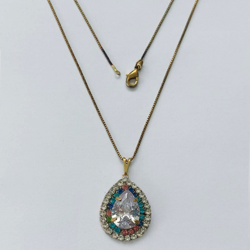 GARGANTILHA NO BRUTO PRONTA PARA O BANHO(CX139) - (AD) GARGANTILHA COM CORRENTE VENEZIANA 45CM E PINGENTES COM BASE CRAVEJADA COLORIDA E CRISTAL E ZIRCÔNIA CRISTAL 10X14MM - PESO TOTAL 4,8GR - BRU16086