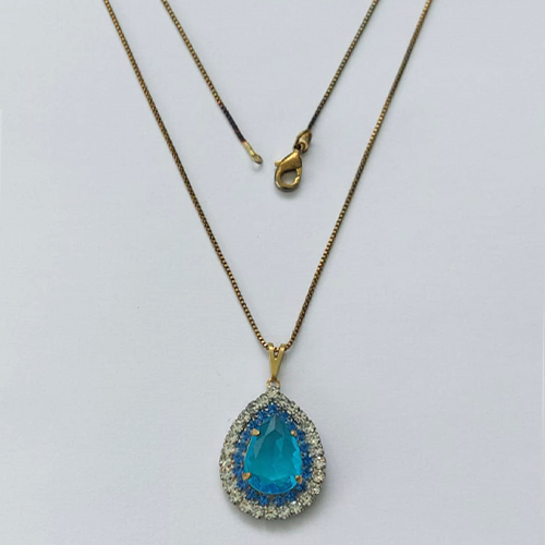 GARGANTILHA NO BRUTO PRONTA PARA O BANHO(CX139) - (AD) GARGANTILHA COM CORRENTE VENEZIANA 45CM E PINGENTES COM BASE CRAVEJADA AZUL CLARA E CRISTAL E ZIRCÔNIA AZUL 10X14MM - PESO TOTAL 4,8GR - BRU16087