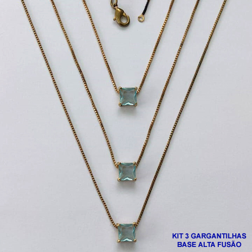 GARGANTILHA NO BRUTO PRONTA PARA O BANHO - KIT COM 3 GARGANTILHAS COM CORRENTES VENEZIANA 45CM E PINGENTES COM BASES EM ALTA FUSÃO E ZIRCÔNIA QUADRADA AZUL CLARA 6X6MM - PESO TOTAL 4,6GR - BRU16095
