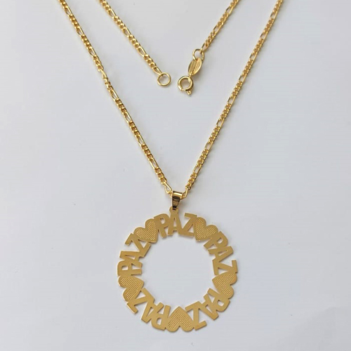GARGANTILHA FOLHEADA A OURO - BANHADO COM 5 MILÉSIMOS + VERNIZ DIAMOND - CORRENTE 3X1 45CM E PINGENTE REDONDO PAZ 40MM - FECHO REDONDO - OURO418