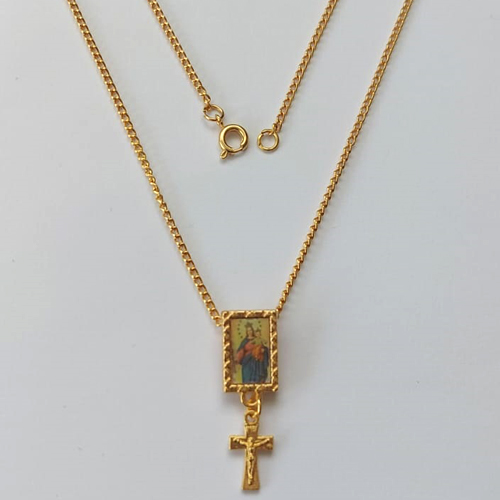 GARGANTILHA FOLHEADA A OURO - BANHADO COM 5 MILÉSIMOS + VERNIZ DIAMOND - CORRENTE 45CM E PINGENTE IMAGEM SANTO ANTÔNIO E CRUCIFIXO 30MM - FECHO REDONDO - OURO422
