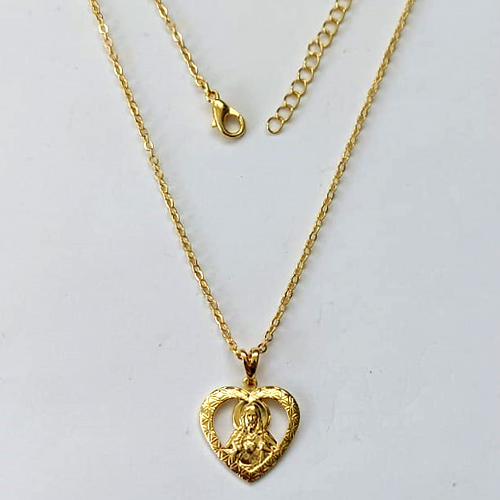 GARGANTILHA FOLHEADA A OURO - BANHADO COM 5 MILÉSIMOS + VERNIZ DIAMOND - CORRENTE 45CM E PINGENTE CORAÇÃO COM JESUS 17MM - FECHO REDONDO - OURO438