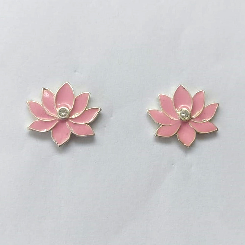 BRINCO FOLHEADO A PRATA COM 50 MILÉSIMOS + VERNIZ DIAMOND - (CRIS) BRINCO DE PINO FLOR ESMALTADA ROSA COM ZIRCÔNIA 15MM - PRA603