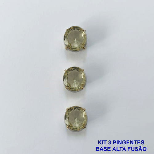 PINGENTE NO BRUTO PRONTO PARA O BANHO - KIT COM 3 PINGENTES COM BASES EM ALTA FUSÃO REDONDAS ZIRCÔNIAS AMARELAS 10X10MM - PESO TOTAL 3,4GR - BRU16140