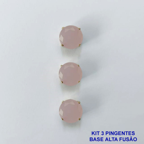 PINGENTE NO BRUTO PRONTO PARA O BANHO - KIT COM 3 PINGENTES COM BASES EM ALTA FUSÃO REDONDAS ZIRCÔNIAS ROSAS LEITOSAS 10X10MM - PESO TOTAL 3,4GR - BRU16142