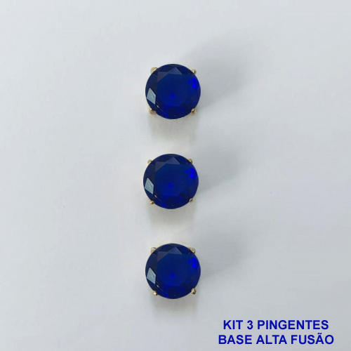 PINGENTE NO BRUTO PRONTO PARA O BANHO - KIT COM 3 PINGENTES COM BASES EM ALTA FUSÃO REDONDAS ZIRCÔNIAS AZUIS ESCURAS 10X10MM - PESO TOTAL 3,4GR - BRU16143