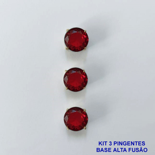 PINGENTE NO BRUTO PRONTO PARA O BANHO - KIT COM 3 PINGENTES COM BASES EM ALTA FUSÃO REDONDAS ZIRCÔNIAS VERMELHAS 10X10MM - PESO TOTAL 3,4GR - BRU16144