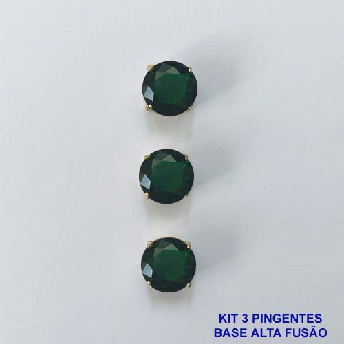 PINGENTE NO BRUTO PRONTO PARA O BANHO - KIT COM 3 PINGENTES COM BASES EM ALTA FUSÃO REDONDAS ZIRCÔNIAS VERDE ESCURA 10X10MM - PESO TOTAL 3,4GR - BRU16146