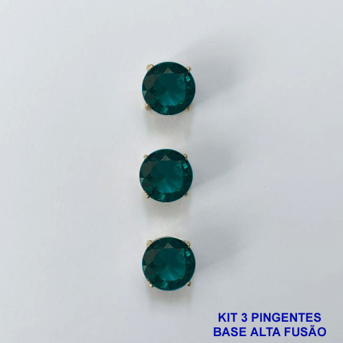 PINGENTE NO BRUTO PRONTO PARA O BANHO - KIT COM 3 PINGENTES COM BASES EM ALTA FUSÃO REDONDAS ZIRCÔNIAS VERDE 10X10MM - PESO TOTAL 3,4GR - BRU16149