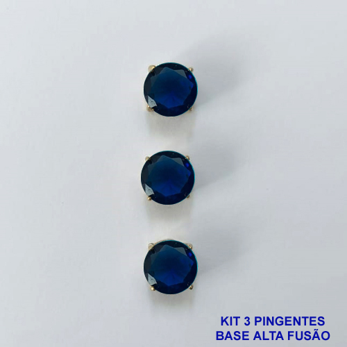 PINGENTE NO BRUTO PRONTO PARA O BANHO - KIT COM 3 PINGENTES COM BASES EM ALTA FUSÃO REDONDAS ZIRCÔNIAS AZUIS ESCURAS 10X10MM - PESO TOTAL 3,4GR - BRU16150