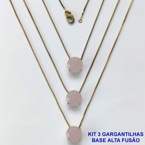 GARGANTILHA NO BRUTO PRONTA PARA O BANHO - KIT COM 3 GARGANTILHAS COM CORRENTES VENEZIANAS 45CM COM BASES EM ALTA FUSÃO E PINGENTES EM ZIRCÔNIAS REDONDAS ROSAS LEITOSAS 10X10CM - PESO TOTAL 9,1GR - BRU16157