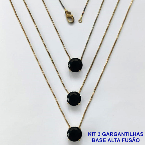 GARGANTILHA NO BRUTO PRONTA PARA O BANHO - KIT COM 3 GARGANTILHAS COM CORRENTES VENEZIANAS 45CM COM BASES EM ALTA FUSÃO E PINGENTES EM ZIRCÔNIAS REDONDAS PRETAS 10X10CM - PESO TOTAL 9,1GR - BRU16158