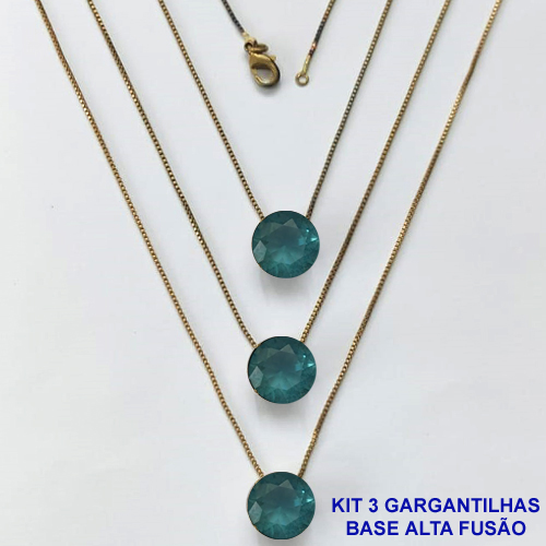 GARGANTILHA NO BRUTO PRONTA PARA O BANHO - KIT COM 3 GARGANTILHAS COM CORRENTES VENEZIANAS 45CM COM BASES EM ALTA FUSÃO E PINGENTES EM ZIRCÔNIAS REDONDAS AZUL 10X10CM - PESO TOTAL 9,1GR - BRU16166