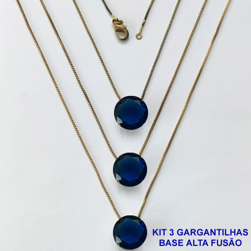 GARGANTILHA NO BRUTO PRONTA PARA O BANHO - KIT COM 3 GARGANTILHAS COM CORRENTES VENEZIANAS 45CM COM BASES EM ALTA FUSÃO E PINGENTES EM ZIRCÔNIAS REDONDAS AZUL ESCURA 10X10CM - PESO TOTAL 9,1GR - BRU16170