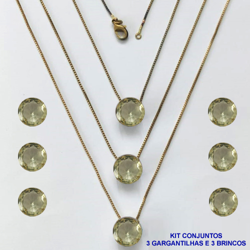 CONJUNTO NO BRUTO PRONTO PARA O BANHO - KIT COM 3 GARGANTILHAS COM CORRENTES VENEZIANAS 45CM E 3 PARES DE BRINCOS COM BASES EM ALTA FUSÃO E PINGENTES EM ZIRCÔNIAS REDONDAS AMARELA 10X10CM - PESO TOTAL 13,3GR - BRU16173