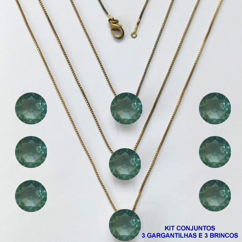 CONJUNTO NO BRUTO PRONTO PARA O BANHO - KIT COM 3 GARGANTILHAS COM CORRENTES VENEZIANAS 45CM E 3 PARES DE BRINCOS COM BASES EM ALTA FUSÃO E PINGENTES EM ZIRCÔNIAS REDONDAS VERDE CLARA 10X10CM - PESO TOTAL 13,3GR - BRU16175