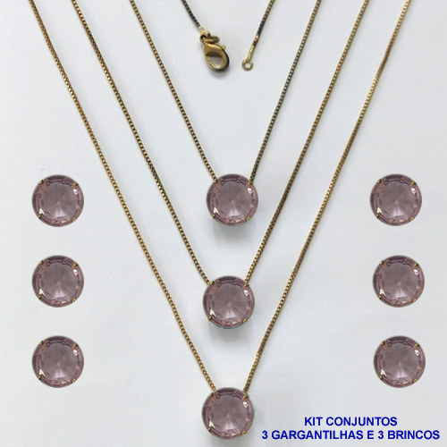 CONJUNTO NO BRUTO PRONTO PARA O BANHO - KIT COM 3 GARGANTILHAS COM CORRENTES VENEZIANAS 45CM E 3 PARES DE BRINCOS COM BASES EM ALTA FUSÃO E PINGENTES EM ZIRCÔNIAS REDONDAS ROSA 10X10CM - PESO TOTAL 13,3GR - BRU16176