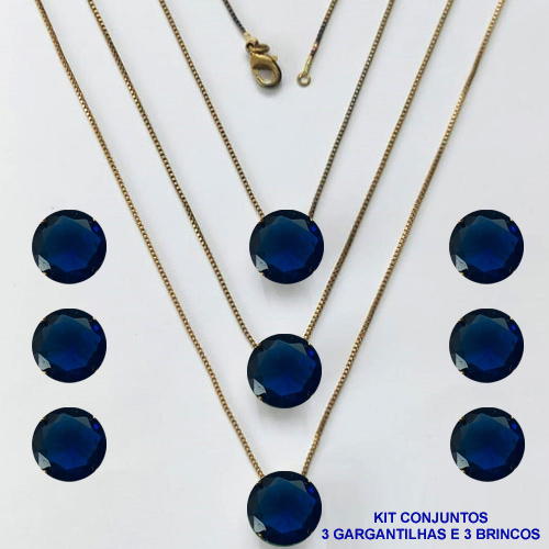 CONJUNTO NO BRUTO PRONTO PARA O BANHO - KIT COM 3 GARGANTILHAS COM CORRENTES VENEZIANAS 45CM E 3 PARES DE BRINCOS COM BASES EM ALTA FUSÃO E PINGENTES EM ZIRCÔNIAS REDONDAS AZUL ESCURA 10X10CM - PESO TOTAL 13,3GR - BRU16177