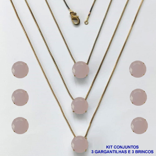 CONJUNTO NO BRUTO PRONTO PARA O BANHO - KIT COM 3 GARGANTILHAS COM CORRENTES VENEZIANAS 45CM E 3 PARES DE BRINCOS COM BASES EM ALTA FUSÃO E PINGENTES EM ZIRCÔNIAS REDONDAS ROSA LEITOSA 10X10CM - PESO TOTAL 13,3GR - BRU16181