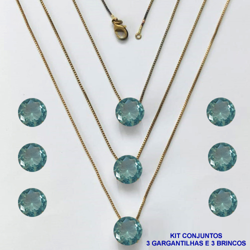CONJUNTO NO BRUTO PRONTO PARA O BANHO - KIT COM 3 GARGANTILHAS COM CORRENTES VENEZIANAS 45CM E 3 PARES DE BRINCOS COM BASES EM ALTA FUSÃO E PINGENTES EM ZIRCÔNIAS REDONDAS AZUL CLARA 10X10CM - PESO TOTAL 13,3GR - BRU16184