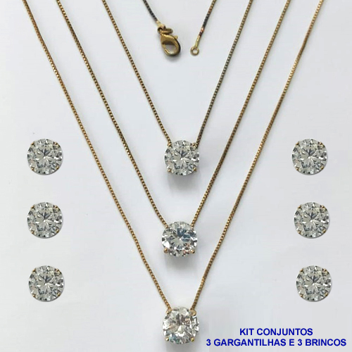 CONJUNTO NO BRUTO PRONTO PARA O BANHO - KIT COM 3 GARGANTILHAS COM CORRENTES VENEZIANAS 45CM E 3 PARES DE BRINCOS COM BASES EM ALTA FUSÃO E PINGENTES EM ZIRCÔNIAS REDONDAS CRISTAL 10X10CM - PESO TOTAL 13,3GR - BRU16186